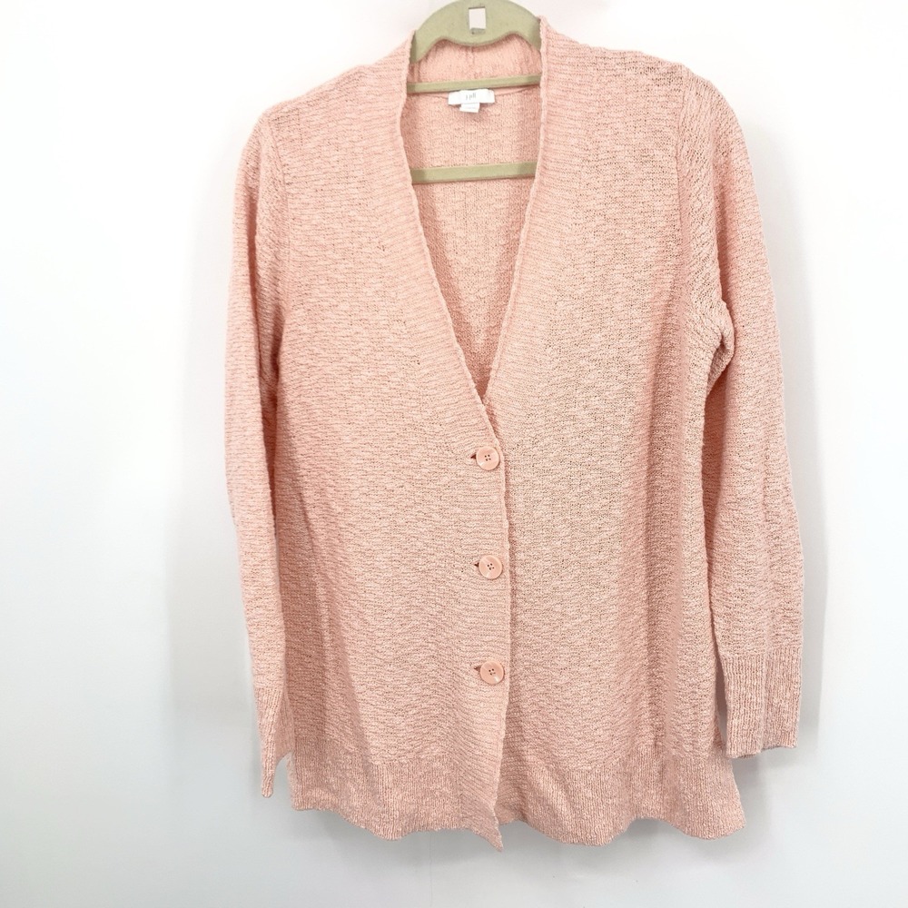 J Jill Women Size Medium Sweater Cardigan Top Pink Cotton Knit Long Button Front